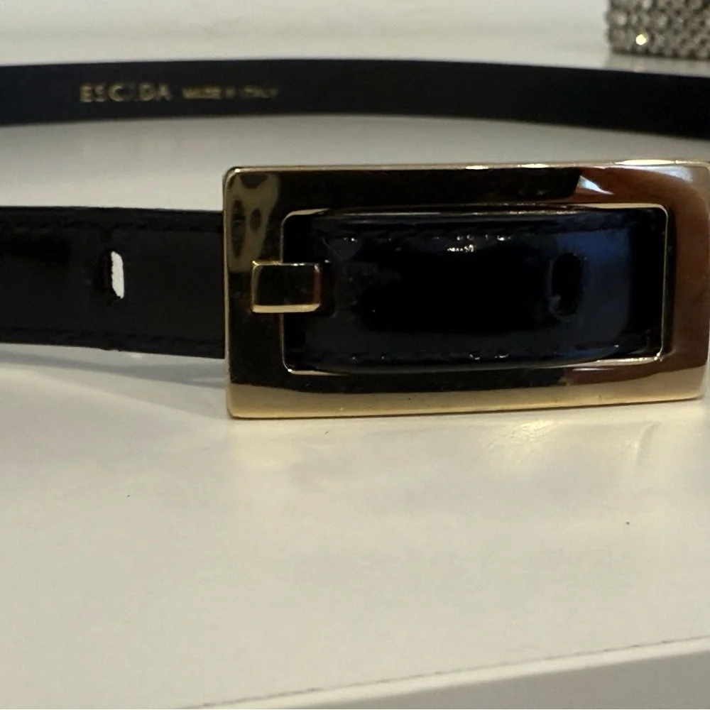 Escada Vintage early 1990's thin black patent belt with gold embellishments